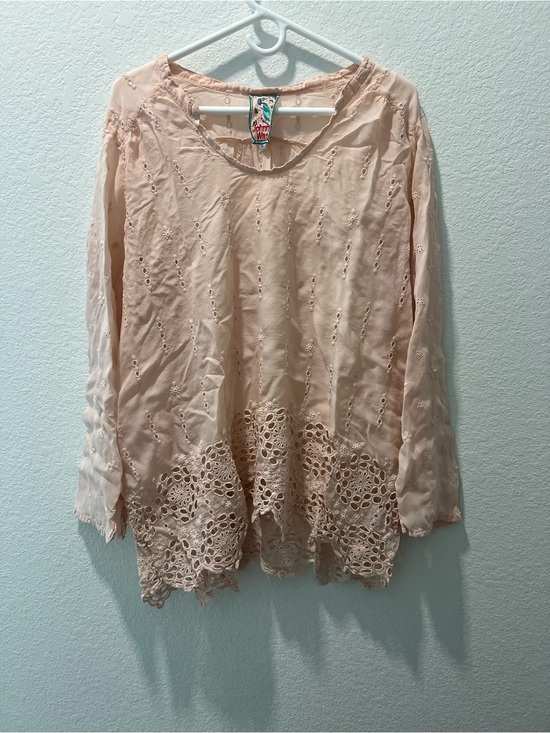 Johnny Was Tops - Johnny Was Eyelet Embroidered Blouse Top XL Boho Peasant Pink Crochet Hem